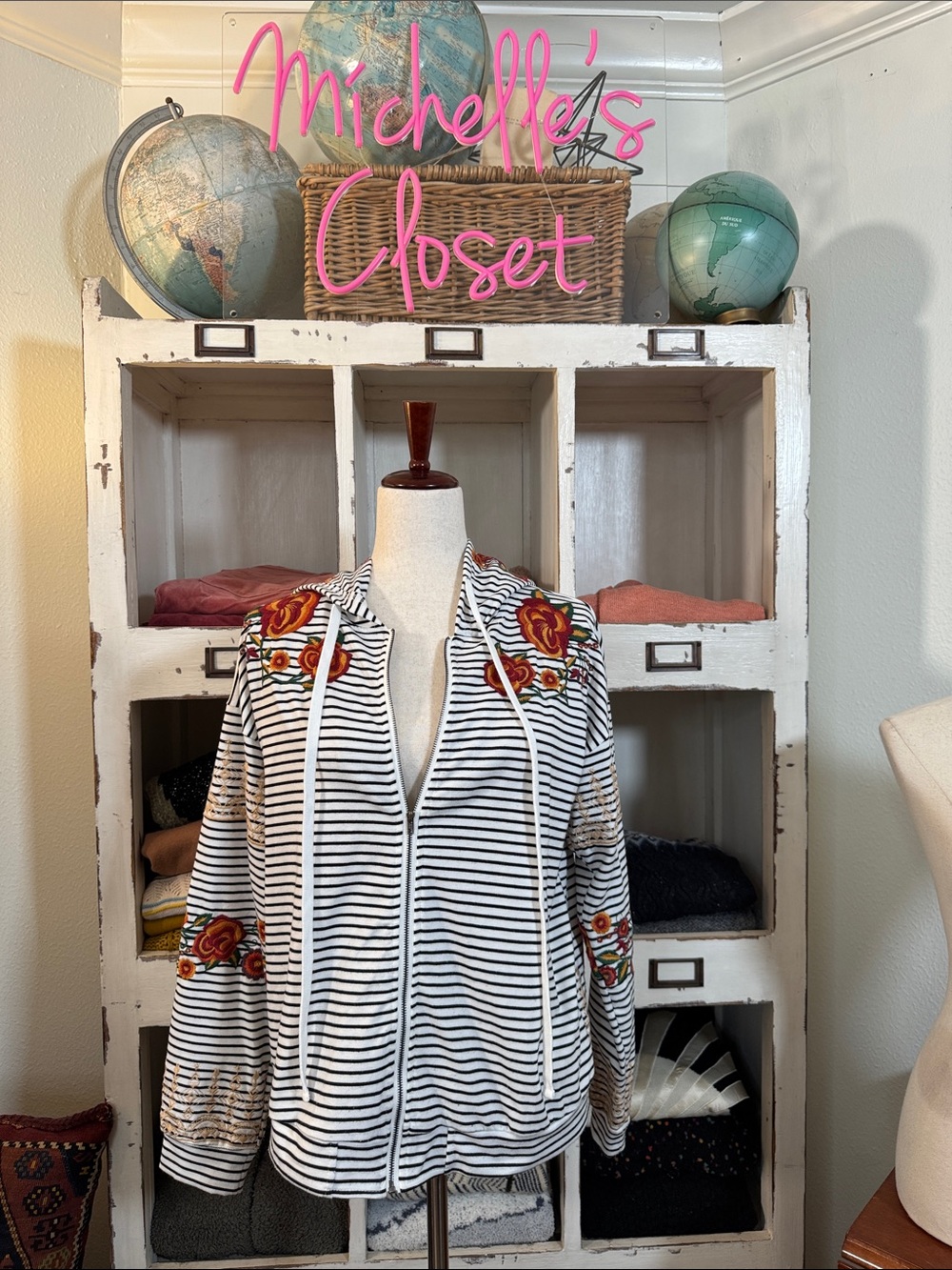 Savanna Jane Black & White Striped Zip Hoodie with Red Floral Embroidery